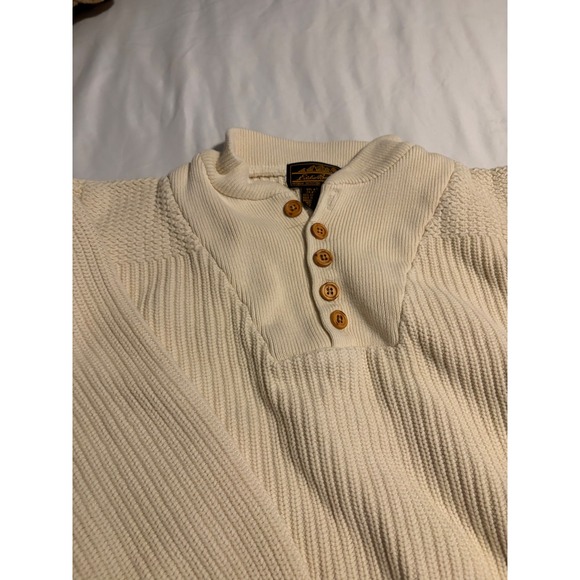 Vintage Eddie Bauer Mens L Cream Ribbed Cotton Henley Sweater Mock Neck 11780 - Picture 2 of 5